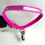Male Chastity Belt With Penis Cage Y-Shape Stainless Steel Adjustable Bdsm Slave Anti-Cheating Sissy Bondage Device (Pink 60-90Cm)