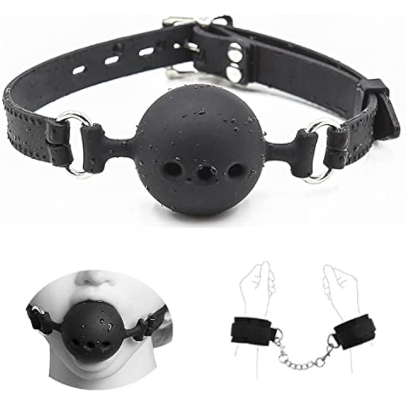 Mouth Ball Breathable Gag - Handcuffs Erotic Sex Toys Set Bondage Slave Ball Gag Erotic Sex Toys For Adult Fetish Lover