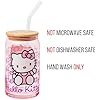 Sanrio Hello Kitty Waving Pink Glass Jar Tumbler with Bamboo Lid and Glass Straw, 16 Ounces