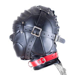 Leather Bondage Mask for Adults - Black Full Face Breathable Restraint Head Hood