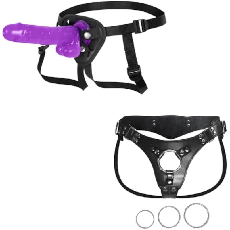 8.3Inch Purple Strap On Dildo - Stylish Perforated Leather Strap-On Harness With Comfortable Plush Lining - Set Of 2