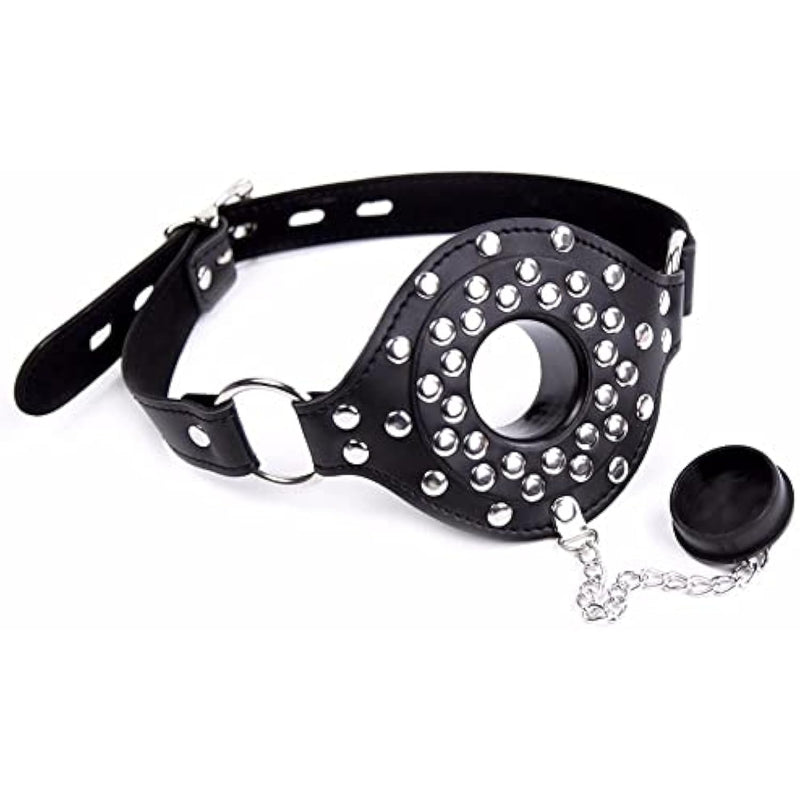 Leather Studded Stoppable Gag - Control & Experimentation | Adjustable Strap | Bdsm Accessory | Bondage Control & Pleasure | Feeding Fantasies | Kinky Play | Perfect Fit