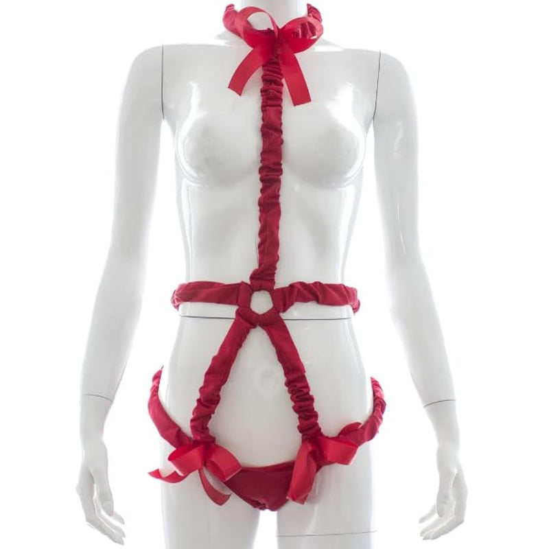 Sm Bondage Restraint Ribbon With Bow - Elastic Adult Arousal Gear For Women - Sensual Costumes & Accessories (Red)