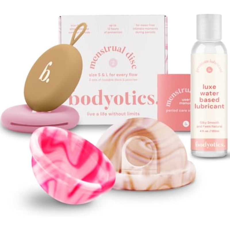 Reusable Menstrual Disc & Personal Lube Bundle - 2 Silicone Period Discs (Small & Large, Beige/Pink), Wear Up To 12 Hours, Silicone-Friendly Water-Based Lube For Women & Couples