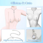 Crystal Body Chain Necklace Set With Rhinestone Pendants, Body Clamps Breast Silver Chain W-Tone Fashion Jewelry For Women (Concise-Wathet)