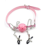 Plastic Ball Gag Nipple Clamps Open Mouth Gag Ball Plug Breast Clips Bondage Muzzles Sex Bdsm Toy For Fetish Lover Pink