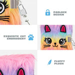 Cat Diary With Lock And Keys For Girls,Plush Secret Journal For Kids With 160 Lined Pages,Hardcover Fluffy Locking Notebook For Writing And Drawing,Cute Fuzzy Stationary Gifts For Girls Ages