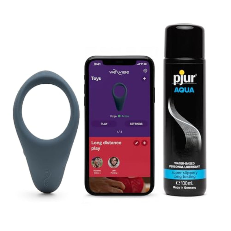 Verge Vibrating Cock Ring App Controlled & Pjur Aqua Water Based Personal Lubricant 3.4 Fl Oz - Male Sex Toys Bundle