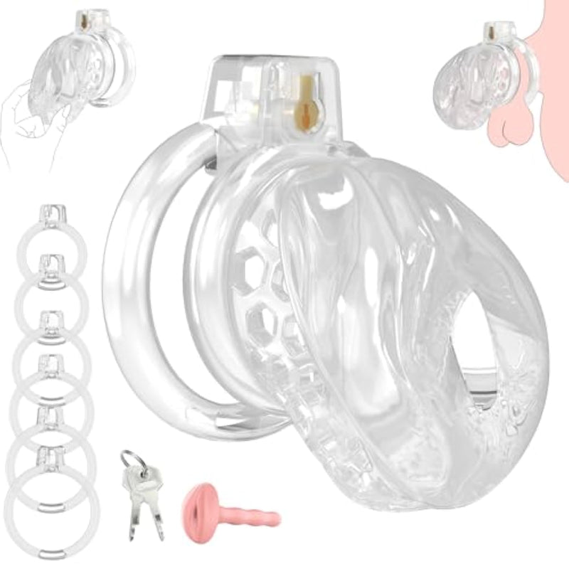Male Chastity Cage - Soft Lightweight Penis Cage With Realistic Vagina Clitoris & 6 Sizes Rings, Comfortable Cock Bondage Chastity Device Bdsm Sex Toys For Men (Transparent, Medium)