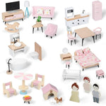 Wooden Dollhouse Furniture Set, Dollhouse Accessories And Furniture, With 7 Rooms 3 Dolls, Includes Patio Set & Dog Set, Doll House Furniture Toys Gift For Kids Boys Girls