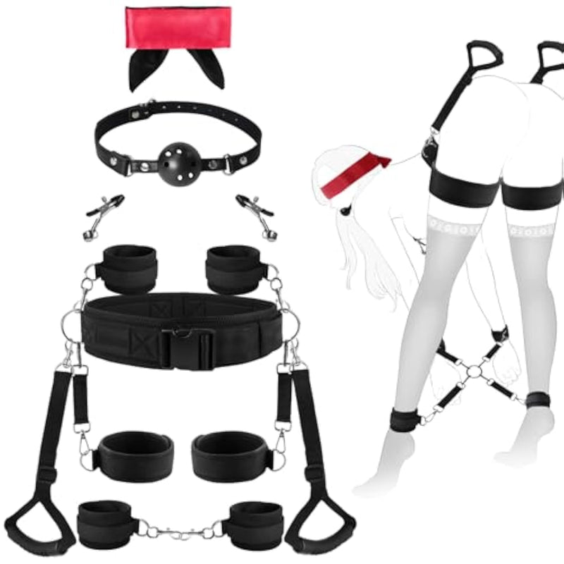 Sex Bondage Bdsm 9 Pcs Set Restraint Kits For Women Innovative Waist Belt With Handle Pull Straps Hand/Ankle/Thigh Cuffs Cross-Buckle Strap Nipple Clips Ball Gag Blindfold Adult Sex Toys For Couples