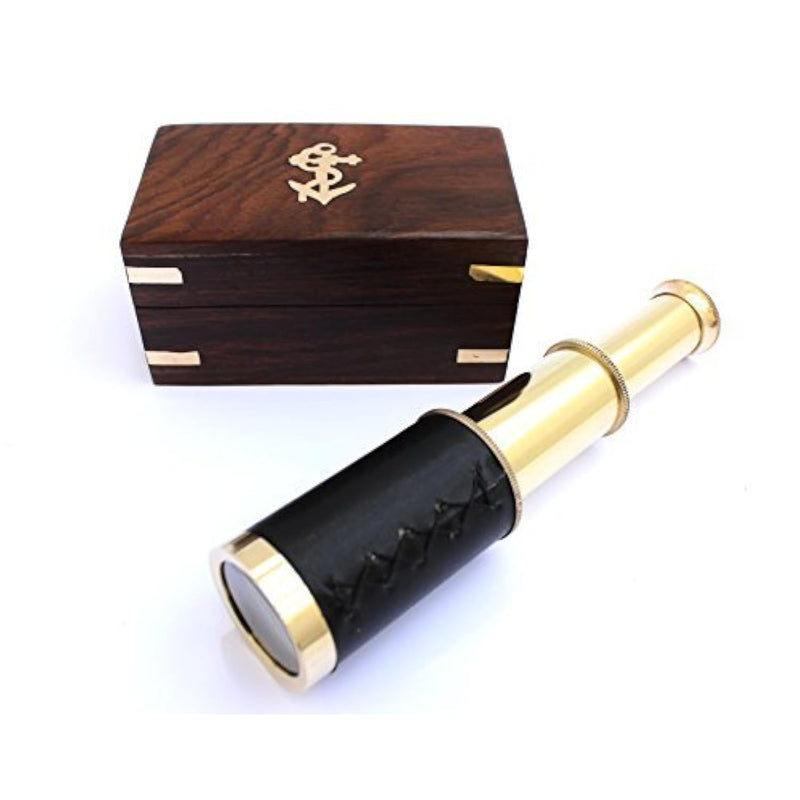 6" Nautical Handheld Pirate Brass Telescope With Anchor On Wooden Box, Sail