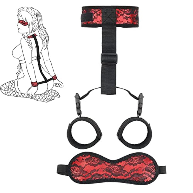 Sex Bdsm Bondage Set Adult Sex Toys Adjustable One-Piece Backhand Handcuffs Neck To Wrist Cuffs Bondage Kits Collar Handcuffs Eye Mask Blindfold For Couples Cosplay Sm Game