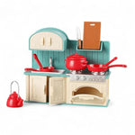 Family Dollhouse Kitchen Set — Miniature Stove, Sink & Oven With Frying Pan, Saucepan, Kettle, Utensils & Cutting Board — Dollhouse Furniture & Accessories For Ages 3+