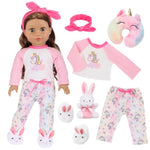 6 Pcs 18 Inch Doll Clothes Accessories Homewear Set - Headpiece Neck Pillow Top Pants Bunny Bunny Home Shoes (No Doll)
