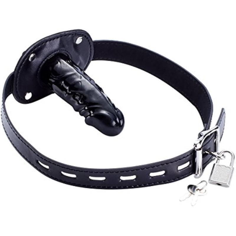 Lockable Dildo Penis Mouth Gag With Lock Bondage Leather Strap On Bdsm Adult Sex Toy (Long)