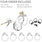 Chastity Device, Fully Enclosed Male Chastity Cage With Female Design, Nylon Resin Plastic Chastity Device, 3D Printed, Includes 5 Rings (Clear, Small)