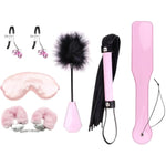 6Pcs Bondage Restraints Set With Furry Handcuffs Satin Blindfold, Whip, Spanking Paddle, Bells Clamp, Feather Tickler For Couples