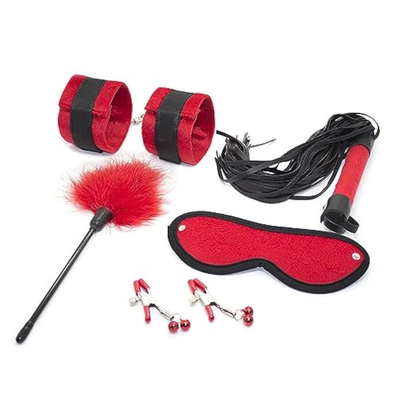Sm Sex Toys Feather Scratcher Handcuffs, Whips, Eyemasks, Nipple Clips, Neck Covers 5-Piece Set Bdsm Toys