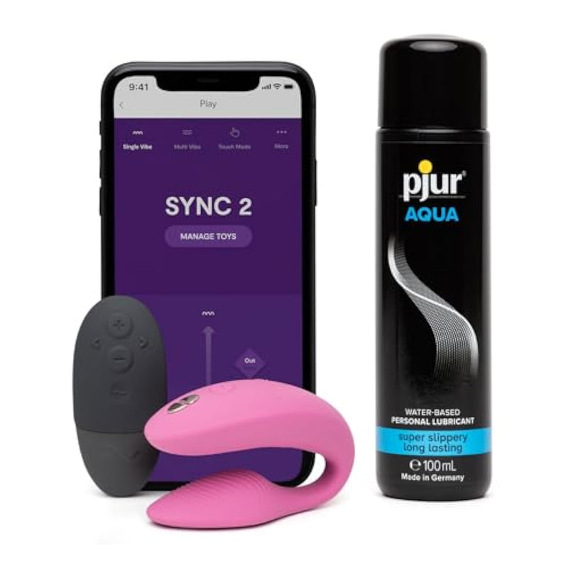 Sync 2 Pink App Control Couples Vibrator & Pjur Aqua Water Based Personal Lubricant 3.4 Fl Oz - Couples Sex Toys Bundle