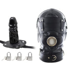 Black Leather Bondage Hood for Unisex Adults - Full Face Blinder with Detachable Cover and Dildo Mouth Gag Head Hood