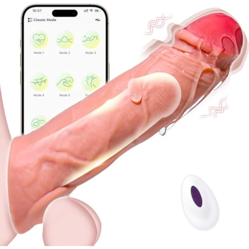 Penis Sleeve Cock Sleeve Vibrator Sex Toys - 4In1 Realistic Adult Male For Men Penis Extender Vibrating Cock Ring 9 Modes, App, Remote Control, Elastic Penis Ring To Enlarge Prolong For Men Couples