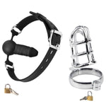 Silicone Realistic Dildo Gag With Ball And Male Chastity Cage Sex Toys For Bondage Bdsm Play