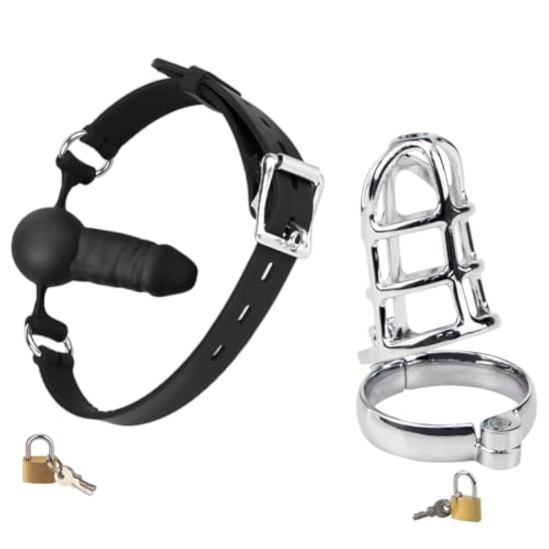 Silicone Realistic Dildo Gag With Ball And Male Chastity Cage Sex Toys For Bondage Bdsm Play