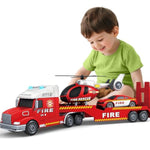 Toddler Boys Toys, 3 4 5 Large Fire Truck Toys With Lights Sounds, Truck Car With Racing Car And Helicopter, Semi Vehicle Brithday For 3 4 5 6 7 Boys Girls