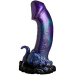 Dino-Dick Dinosaur Silicone Dildo For Men, Women, & Couples. Fantasy Dildo With Strong Suction Cup Base. Harness Compatible, Stimulating Textures, 1 Piece, Large Blue & Purple.
