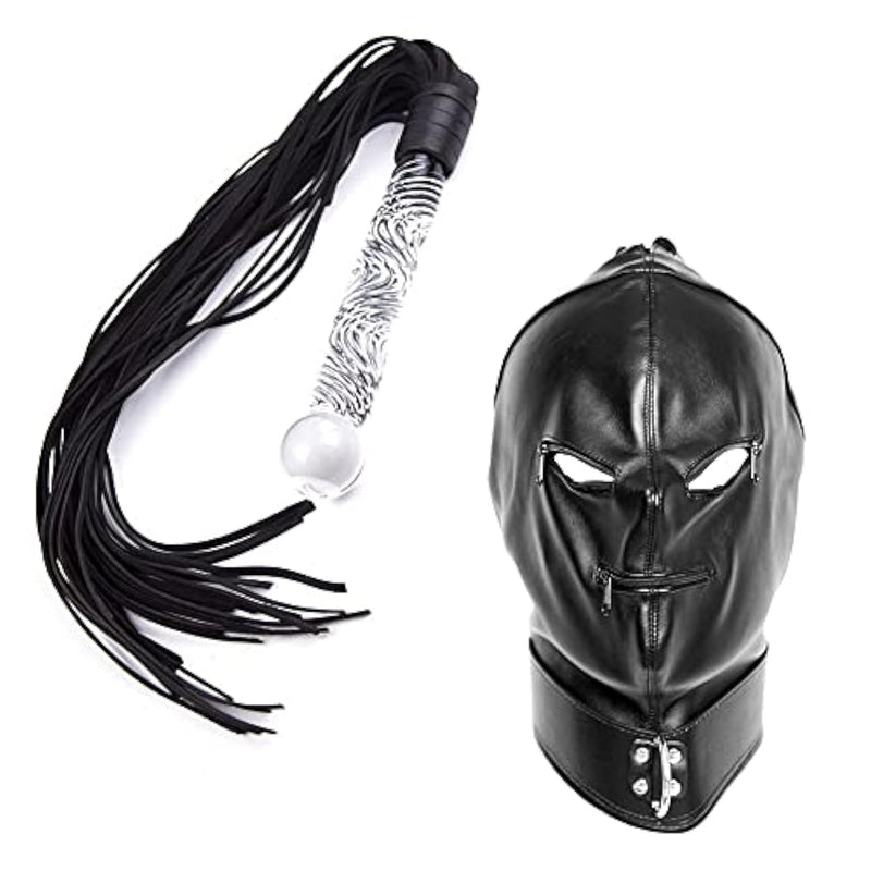Bdsms Restraints Kit Leather Bondage Mask Leather Whip With Glass Pleasure Wand For Fetish Sex Game