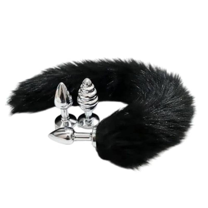 Removable Fox Tail Butt Plug With 3 Interchangeable Bases, Premium Metal Anal Plug For Roleplay, Cosplay And Intimacy For The Pleasure Of Men And Women Couples (Black)