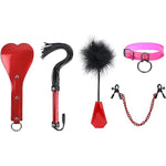 BDSM Restraints Sex Toys for Beginners 5pcs Bondage Set with Heart Paddle & Whips & Feather Tickle & Collar & Nipple Clamps for Women Couples (Red)