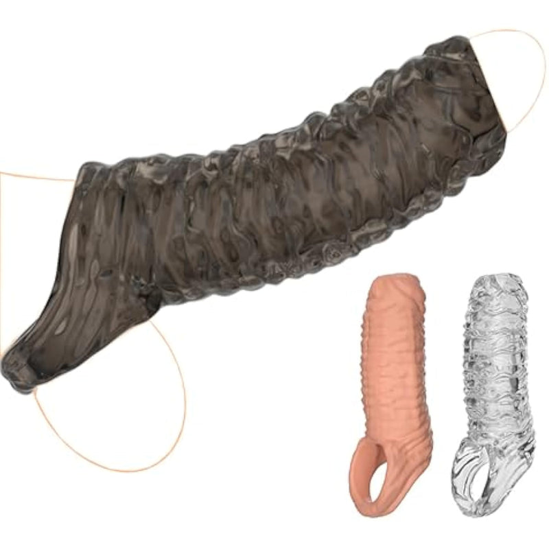 Penis Sleeve Threaded Reusable Enlarge Sleeves Thick Realistic Silicone Soft Cock Sheath Adult Sex Toys For Men Enlarger Girth Rings (Black)