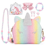 7Pcs Toddler Purse For Girl, Girls Wallet With Pretend Play Toys, Princess Toys With Kids Dress Up Jewelry Set (Rainbow Unicorn)