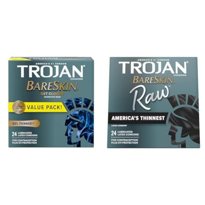 Trojan Bareskin Thin Premium Lubricated Condoms - 24 Count & BareSkin Raw Thin Condoms, Lubricated Condoms for Men, America’s Number One Condom Brand, 24 Count Pack