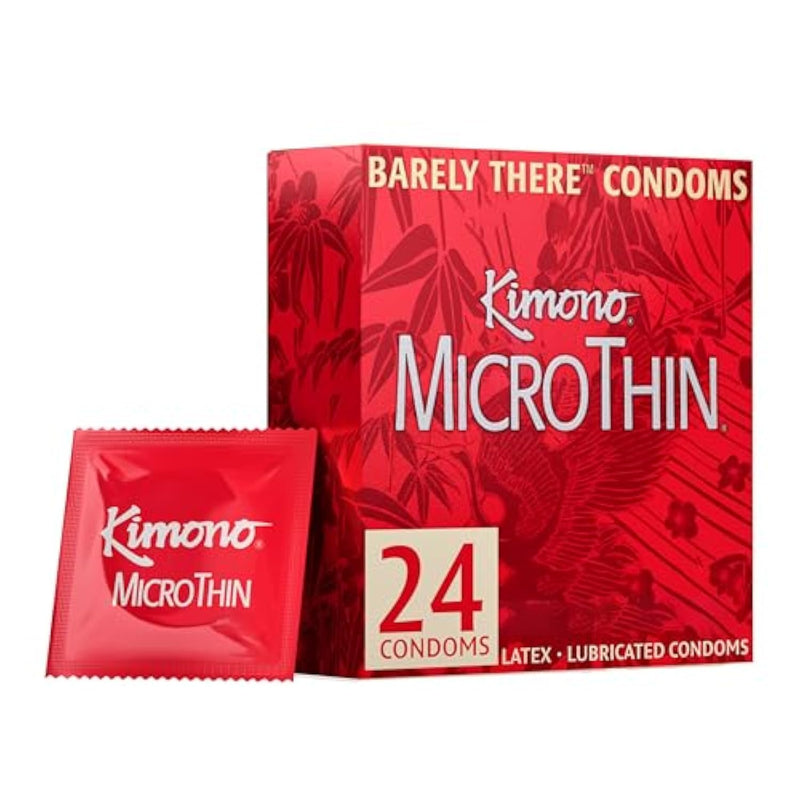 Kimono MicroThin Condoms Pack of 24 - Premium Lubricated Natural Latex, Thinnest, Vegan-Friendly, No Latex Odor - Thin, Strong, and Extra Sensitive