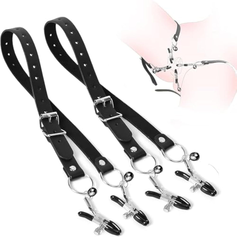 Sm Labia Spreader Nipple Bondage For Women,Bdsm Clitoral Vagina Orgasms Nipple Clamps Clitoral Dual Stimulation Adjustable Leather Straps Couple Fetish Game Role Play Adult Kinky Sex Pleasure,Black