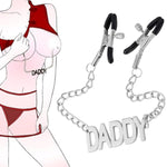 Nipple Clamps Letter Chain Metal Chest Nipple Clips Non Piercing Letter Chain Breast Chain Labia Clit Clip Slave Bondage Torture Restraints Couple Sex Pleasure Body Jewelry Erotic Bdsm Sex Toy (Daddy)