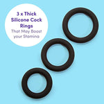 Get Hard Triple Cock Ring Set - Extra Thick Silicone - 3 Sizes - Cock And Ball Rings For Men - Waterproof Pleasure Enhancer - Gifts For Men - Black
