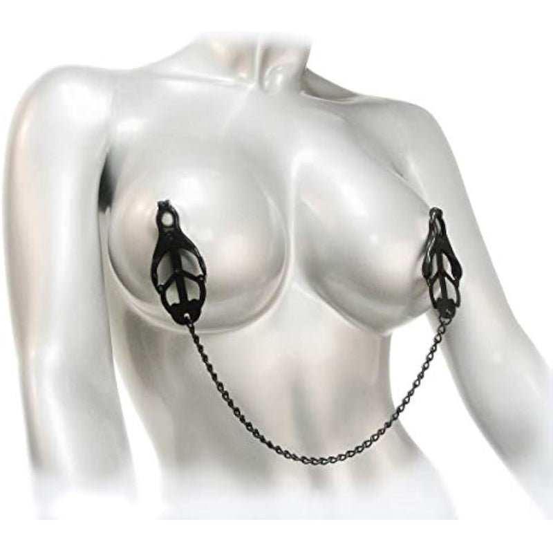 Japanese Clover Nipple Clamps With Chain - Adjustable Metal Clamp Set For Nipples, Textured Rubber Padded Tips - Clip On Design For Women Men Couples - Set Of 2, Black