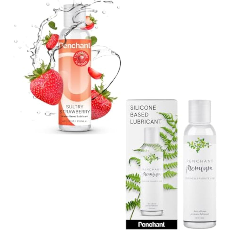 Premium Silicone & Strawberry Flavored Water-Based Lube Set - 4Oz Water-Resistant Silicone & 4Oz Edible, Latex-Safe Sultry Strawberry For Couples