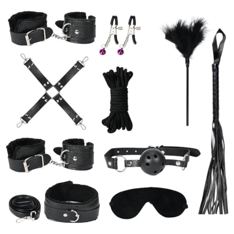 Pack Of 10 Sex Bondage Bdsm Kit Restraints - Bondage Sets Restraint Kits Handcuffs Ankle Cuffs Blindfold Gag Cross Strap Spank Padle Tickler Bondage Rope Nipple Clamp
