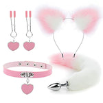 Sets Of Pink Furry Fox Tail Plug Animal Ears Headband Choker Breast Clips - Anal Butt Plugs For Men Or Women And Couples - Sexy Adult Toys For Ease Of Anal Play - Pink Sexual Leather Choker