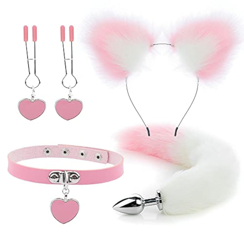 Sets Of Pink Furry Fox Tail Plug Animal Ears Headband Choker Breast Clips - Anal Butt Plugs For Men Or Women And Couples - Sexy Adult Toys For Ease Of Anal Play - Pink Sexual Leather Choker
