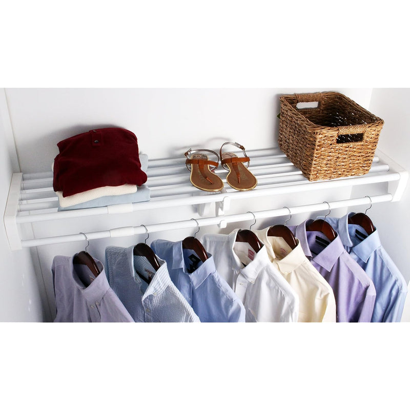 -Expandable-Closet Shelf With Hanging Rod- 40.5" To 73" -White- Easy Install To