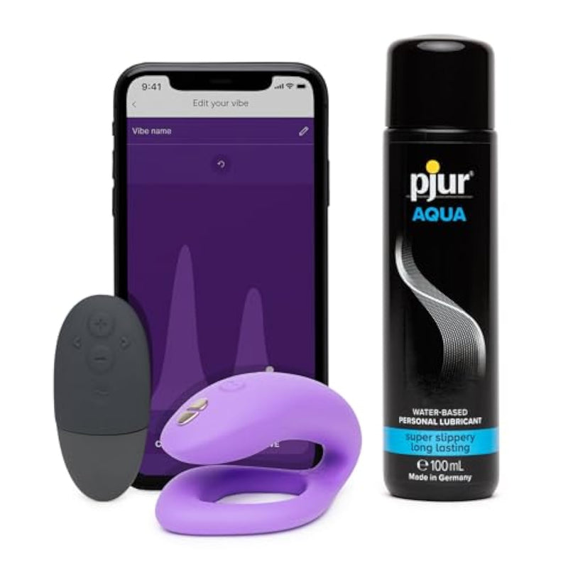 Sync O Purple Remote Control C-Shaped Couples Vibrator & Pjur Aqua Water Based Personal Lubricant 3.4 Fl Oz - Couples Sex Toys Bundle