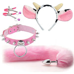 4 Pcs Set Fun Cow Sheep Antelope Rabbit Sexy Maid Tie Ear Hairpin SM Metal Tail Anal Plug. Cosplay Neck Chest Bondage Accessories Sex Toy for Women Female Men Male Unisex (Sheep Red)