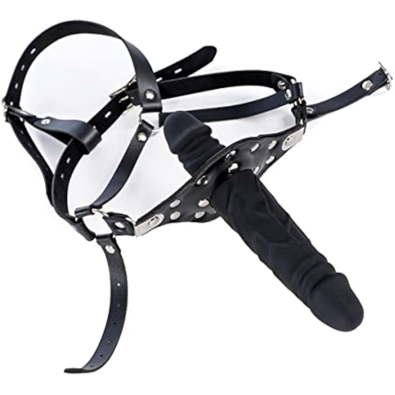 Sm Y-Shape Leather Bondage Head Harness With Dildo Restraint Mouth Gag Masks Adult Sex Fetish Toys