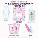 Menstrual Kit All-in-One 10 Pack | Convenience on The Go | Period Kit Pack for Travelling, Tweens & Teenager | Individually Wrapped Feminine Hygiene Product (Rainbows and Unicorns)